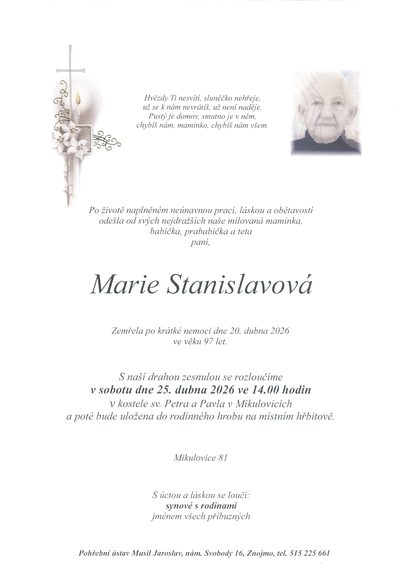 Smuteční oznámení – Marie Stanislavova