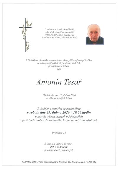 Smuteční oznámení – Antonin Tesař