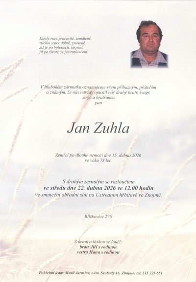 Smuteční oznámení – Zemřel Zuhla