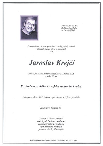 Smuteční oznámení – Jaroslav Krejčí