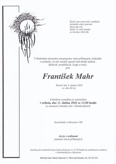 Smuteční oznámení – Frantisek Mahr