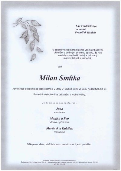 Smuteční oznámení – Milan Smítka
