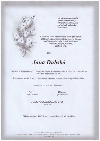 Smuteční oznámení – Jana Dubská