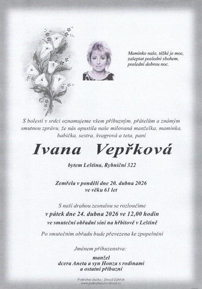 Smuteční oznámení – Ivana Vepřková