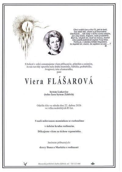 Smuteční oznámení – Viera Flášarová