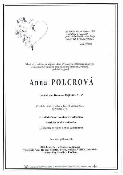 Smuteční oznámení – Anna Polcrová