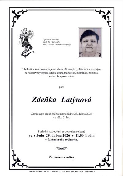 Smuteční oznámení – Zdeňka Latýnová