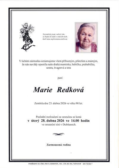 Smuteční oznámení – Marie Redková