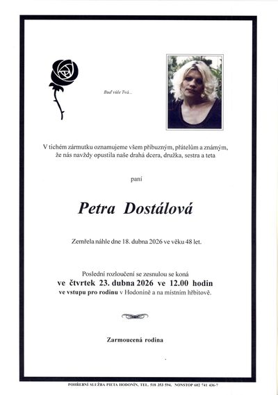 Smuteční oznámení – Petra Dostálová