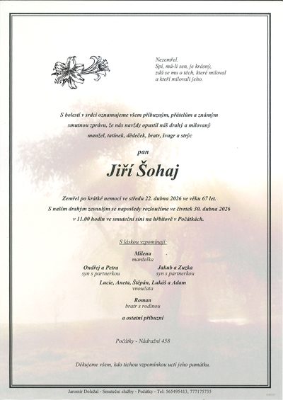Smuteční oznámení – Jiří Šohaj