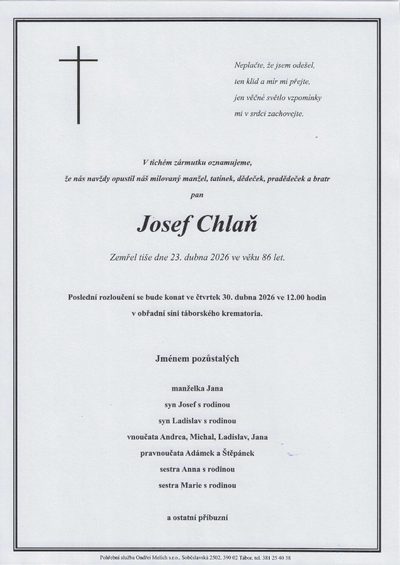 Smuteční oznámení – Josef Chlaň