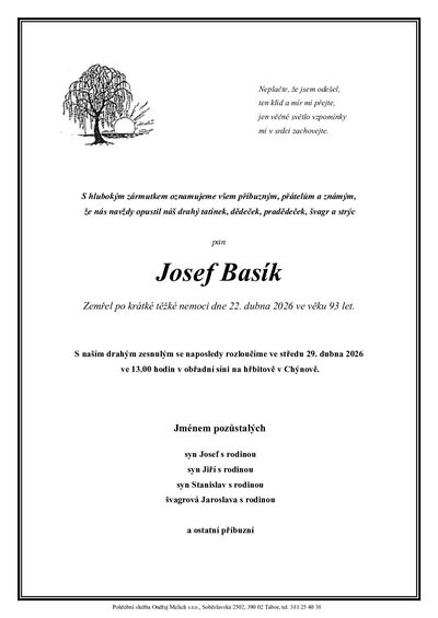 Smuteční oznámení – Josef Basík