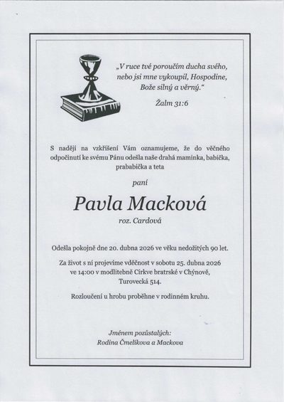 Smuteční oznámení – Pavla Macková