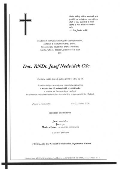 Smuteční oznámení – Josef Nedvídek CSc.