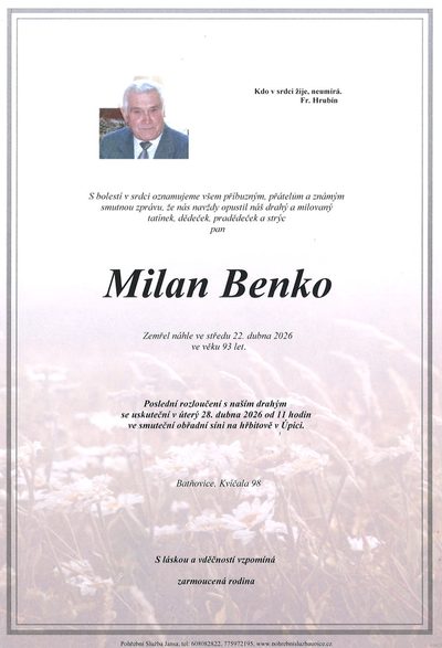 Smuteční oznámení – Milan Benko