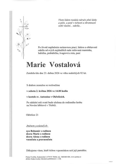 Smuteční oznámení – Marie Vostalová