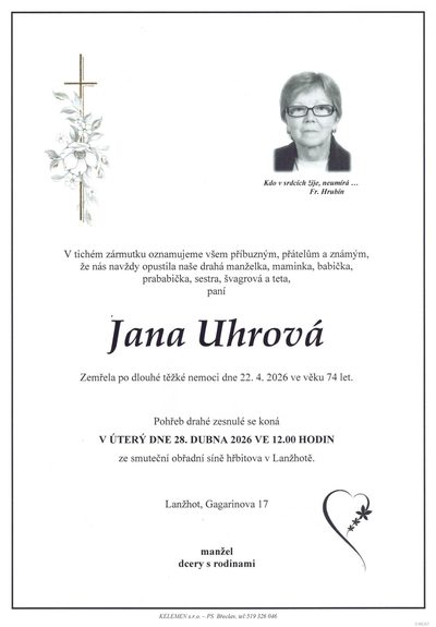 Smuteční oznámení – Jana Uhrová