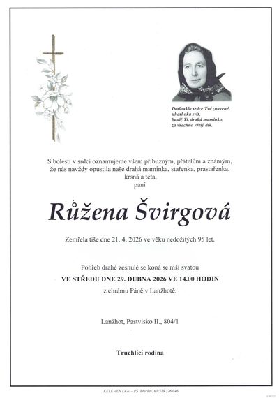 Smuteční oznámení – Růžena Svirgová