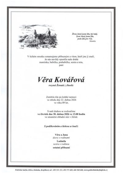 Smuteční oznámení – Věra Kovářová