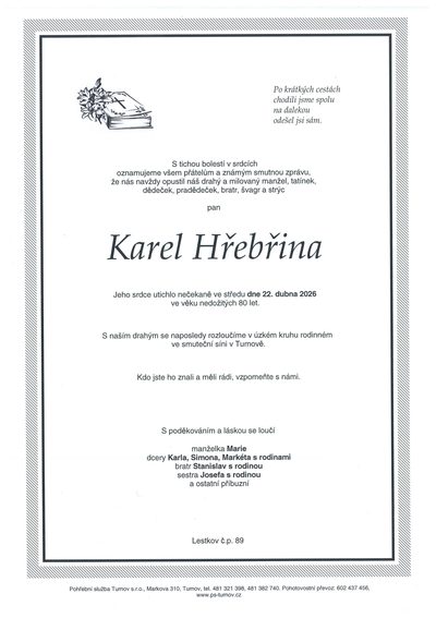 Smuteční oznámení – Karel Hřebřina