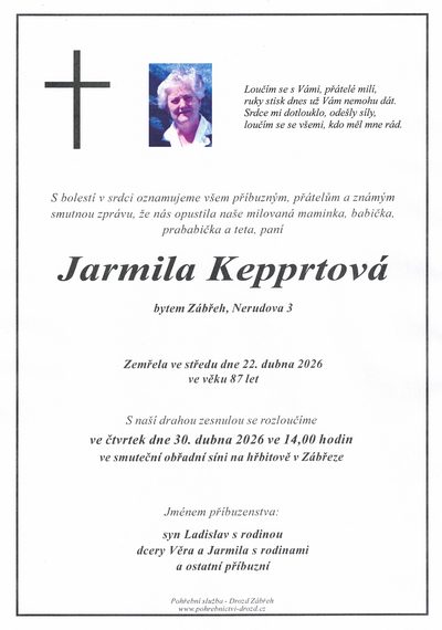 Smuteční oznámení – Jarmila Kepprtová