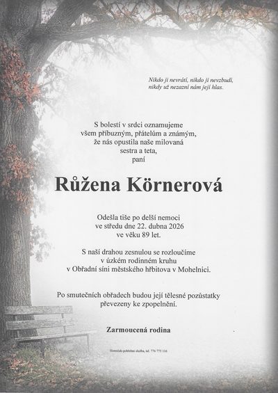Smuteční oznámení – Růžena Kórnerová