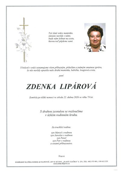 Smuteční oznámení – Zdenka Lipárová