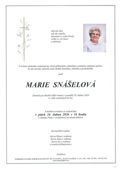 Smuteční oznámení – Marie Snášelová