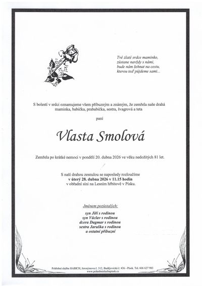 Smuteční oznámení – Vlasta Smolová