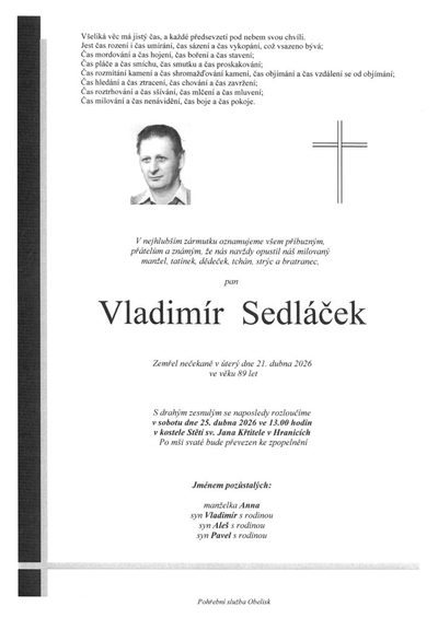 Smuteční oznámení – Vladimír Sedláček