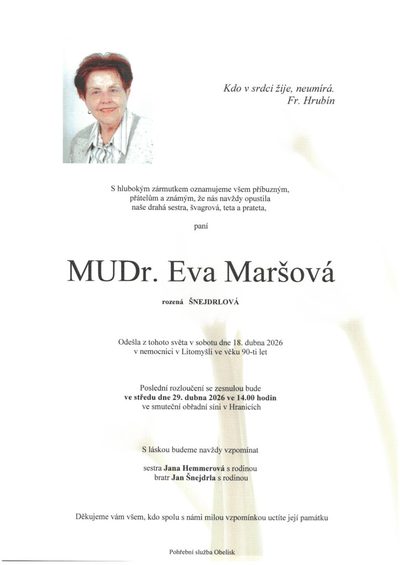 Smuteční oznámení – Eva Maršová