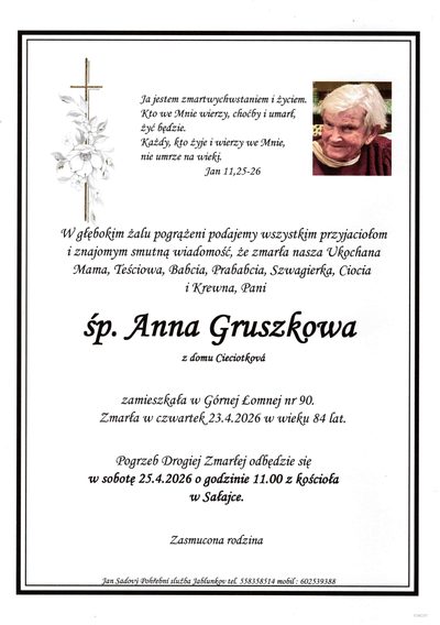 Smuteční oznámení – śp. Anna Gruszkowa