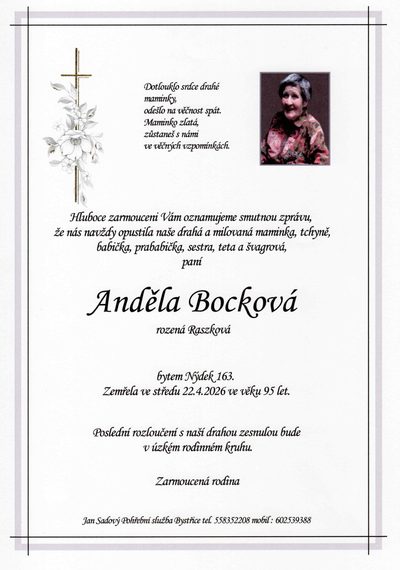 Smuteční oznámení – Anděla Bocková