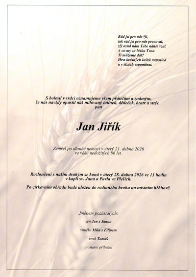 Smuteční oznámení – Jan Jiřík