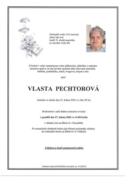 Smuteční oznámení – Vlasta Pechtorová