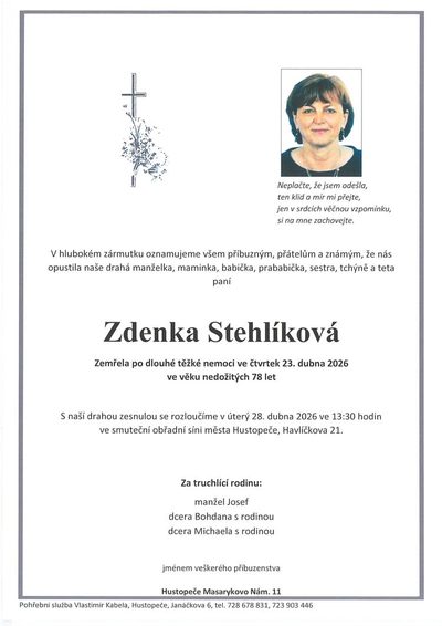 Smuteční oznámení – Zdenka Stehlíková