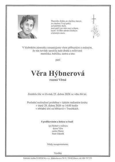 Smuteční oznámení – Věra Hýbnerová
