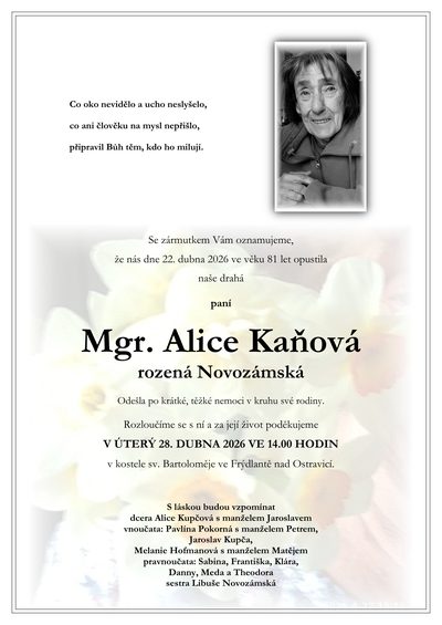 Smuteční oznámení – Alice Kaňová