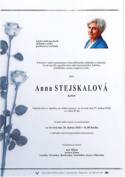Smuteční oznámení – Anna Stejskalová