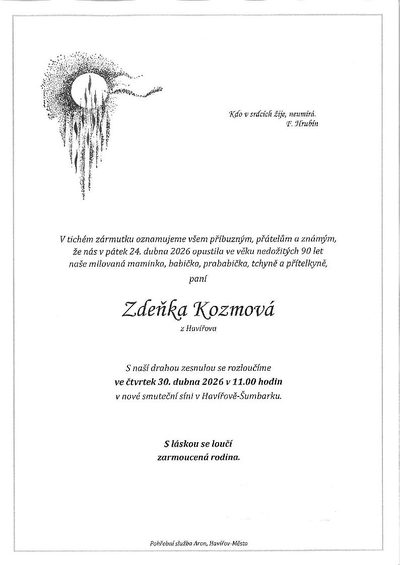 Smuteční oznámení – Zdeňka Kozmová