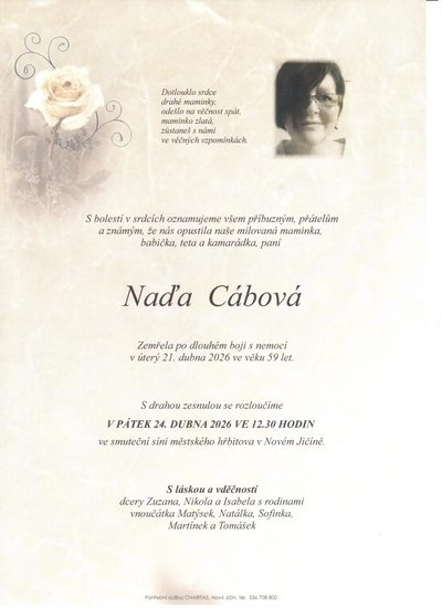Smuteční oznámení – Naďa Cábová