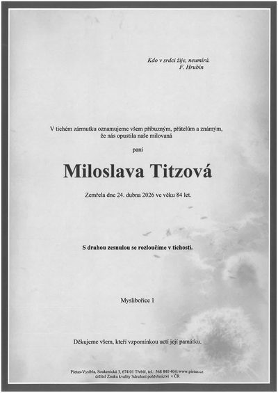 Smuteční oznámení – Miloslava Titzová