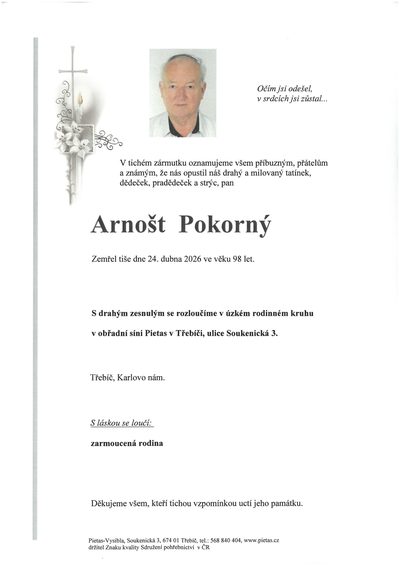 Smuteční oznámení – Arnošt Pokorný
