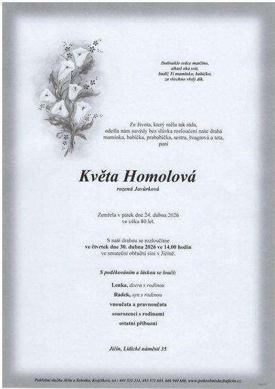 Smuteční oznámení – Kvéta Homolová