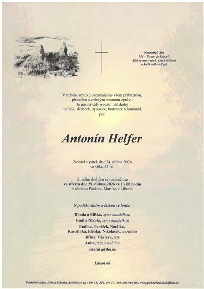 Smuteční oznámení – Antonín Helfer
