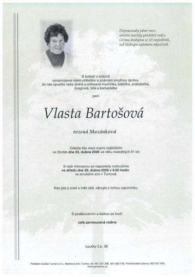 Smuteční oznámení – Vlasta Bartošová