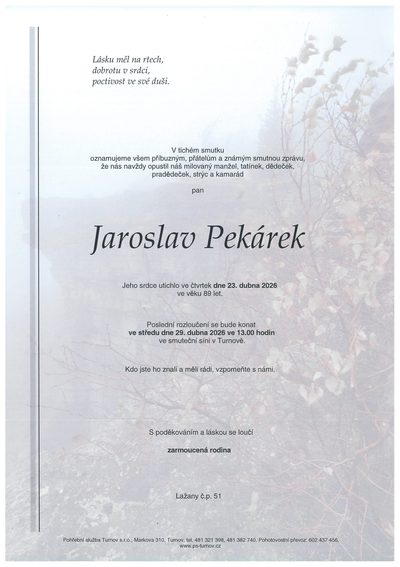 Smuteční oznámení – Jaroslav Pekárek