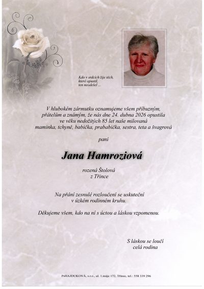 Smuteční oznámení – Na Hamroziová