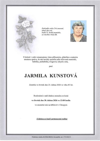 Smuteční oznámení – Jarmila Kunstová