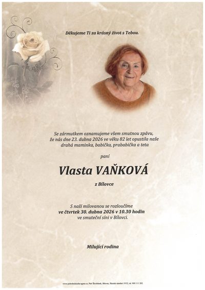 Smuteční oznámení – Vlasta Vaňková